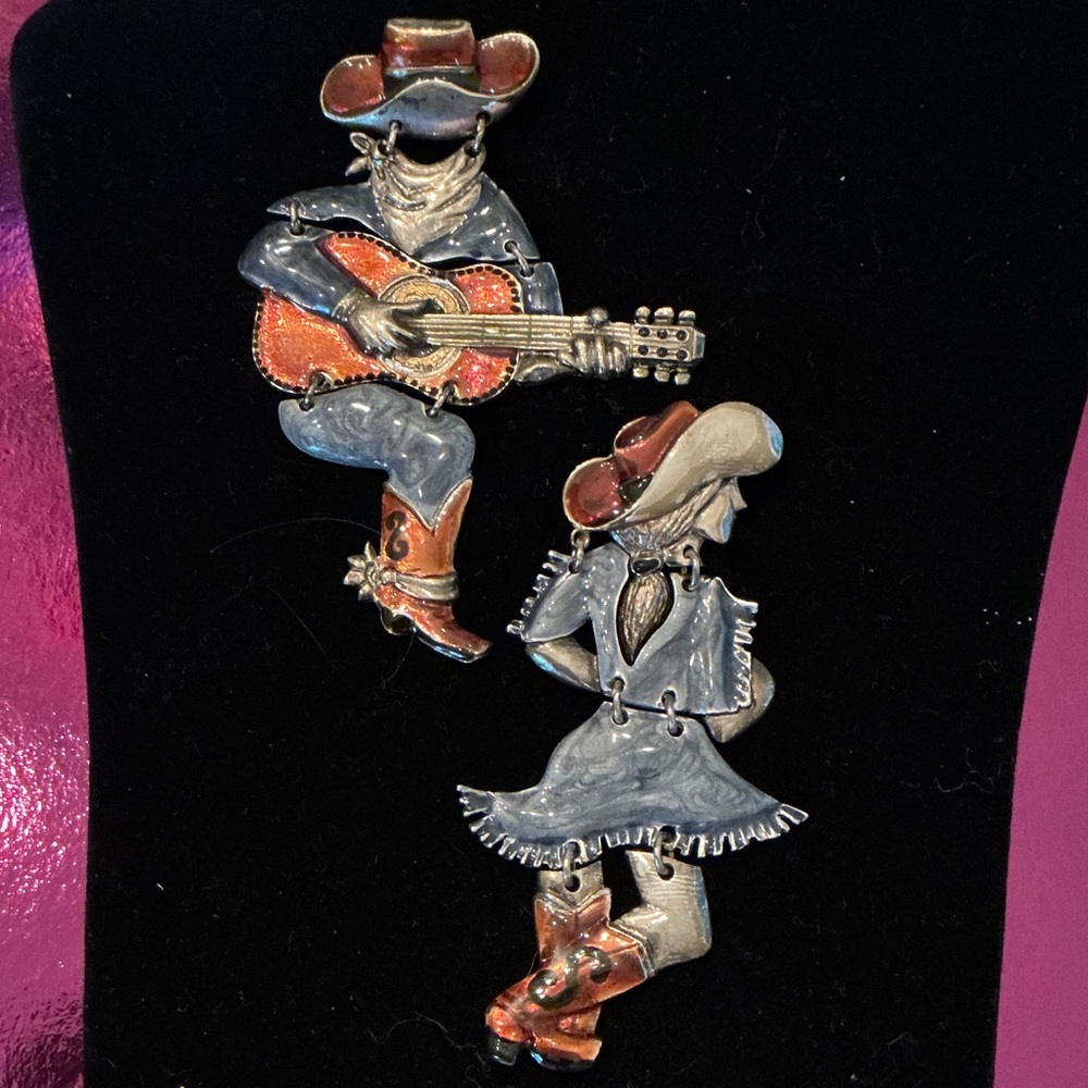 Vintage Don-Lin Cowboy and Cowgirl Articulated Enamel Brooch Set EclecticGrandma